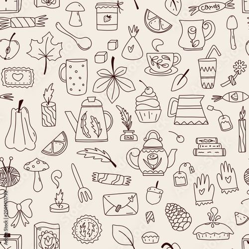 Seamless vector pattern featuring cozy autumn lifestyle doodles in a simple naive style. Warm hygge outline design with teapots, cups, cream pitchers, pies, pumpkins, fallen leaves, books, and candles