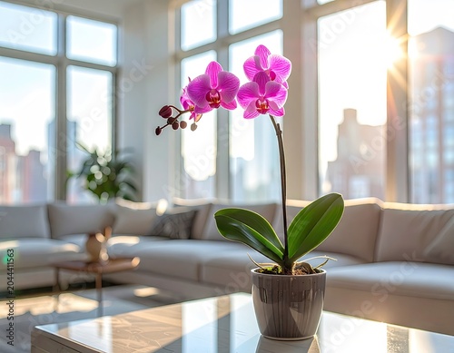 Pink orchid on table, sunlit living space with city view