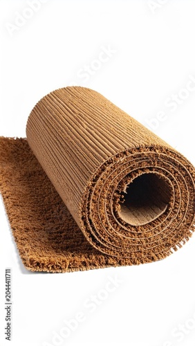 Brown rolled mat, partially unrolled, isolated
