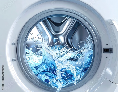 Open washer door with water splashing inside