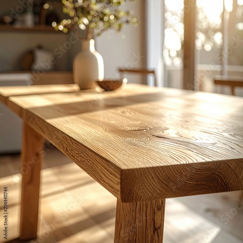 Wooden dining table bathed in soft sunlight, bright and inviting