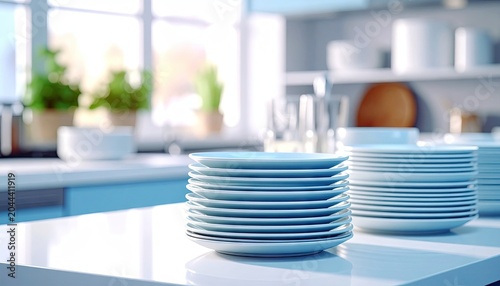 Stacks of white plates on a bright, clean kitchen counter