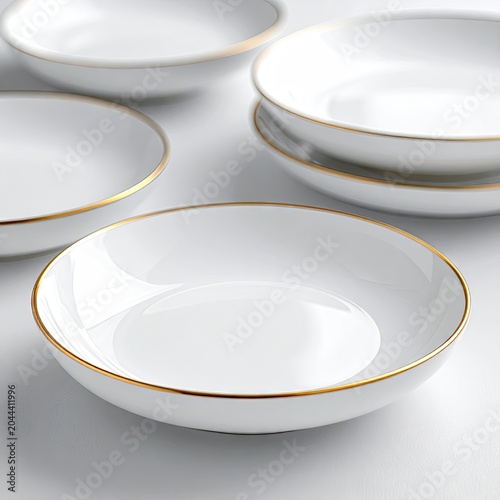 Clean white bowls with gold rims, arranged artfully