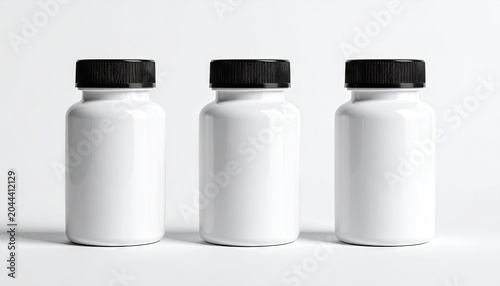 Three identical white bottles with black lids, side by side