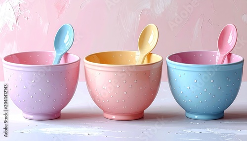 Three colorful bowls with spoons, dotted texture, pastel