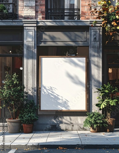 Facade with blank board, potted plants, and windows