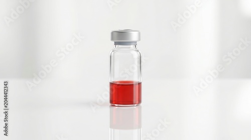 Glass vial with red liquid and silver cap isolated on white background