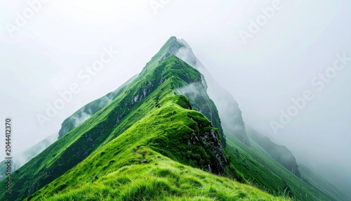 Green mountain ridge disappears into misty clouds