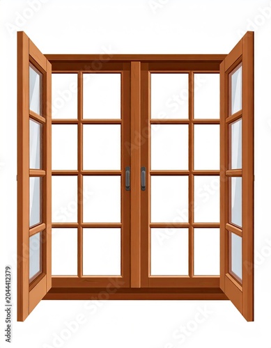 Brown wooden window with open double doors