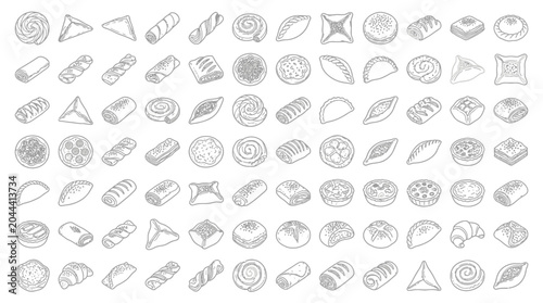Fotografija Collection of hand-drawn pastry and bakery items, presented as a grid of individual illustrations