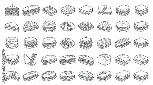 Collection of various isometric sandwiches and bread rolls in a line drawing style.