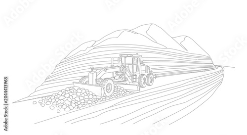 Tableau sur toile Motor Grader Leveling Gravel Road Construction in Mountainous Terrain