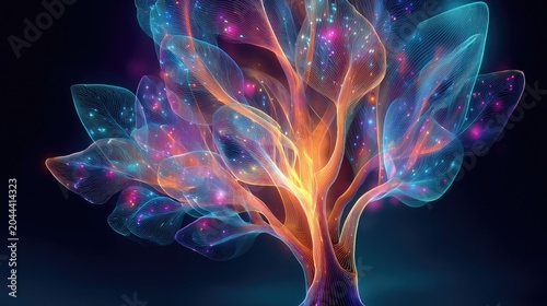 Glowing, translucent tree with vibrant, luminous particles and glowing core