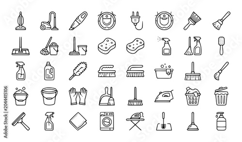 Cleaning tools icon set vacuum mop and brush vector illustration
‎