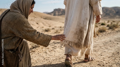 Woman of faith reaching out to touch the hem of Jesus' garment. Biblical scene of healing and devotion in ancient israel.