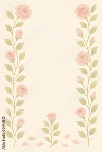 Watercolor pink rose vines forming beautiful vertical side borders with a small rose at the bottom on a beige background. generated by AI.