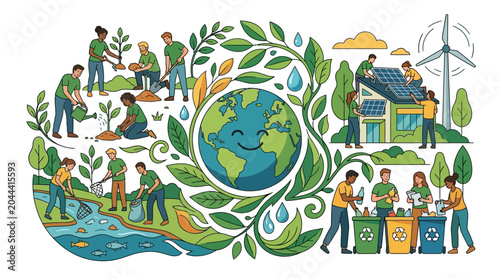 Diverse volunteers planting trees and cleaning river for earth ecology