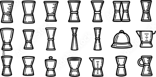 Obraz na płótnie Collection of Bar Jigger and Measuring Cup Icons, Black and White Line Art