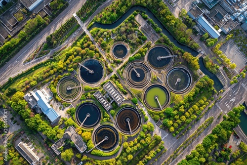 Aerial view of industrial water treatment facility with circular basins and green surroundings