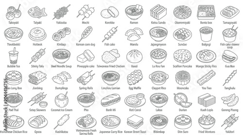 Foto A diverse collection of Japanese and Asian food illustrations, presented in a clean, isometric line art style