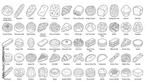 Foto Collection of various baked goods and pastries, illustrated in a simple line art style