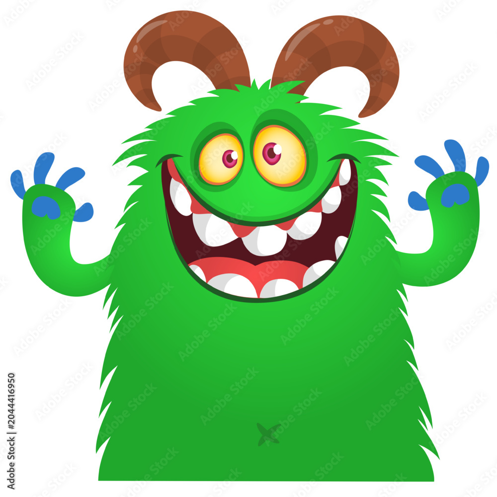 Fototapeta premium Cartoon cute and funny monster with scary face expression waving hands . Vector illustration isolated on white. For Halloween party decoration design
