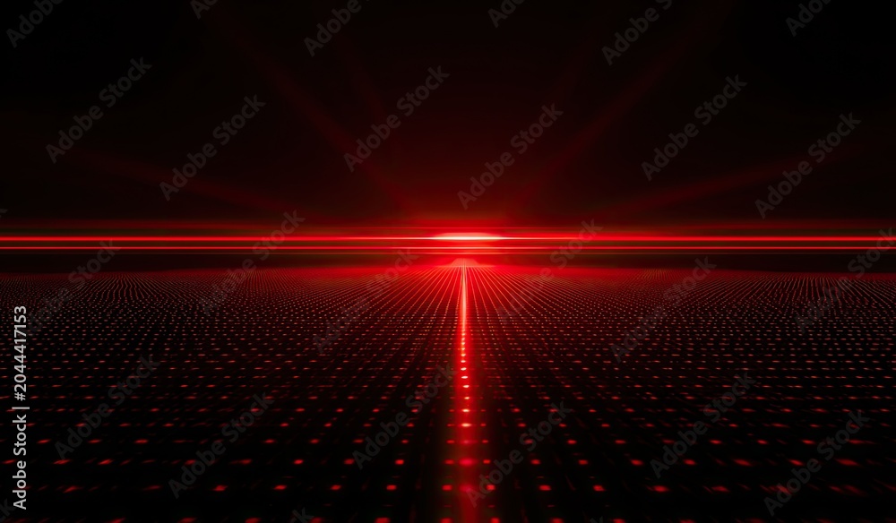 Fototapeta premium Futuristic red grid landscape with glowing horizon