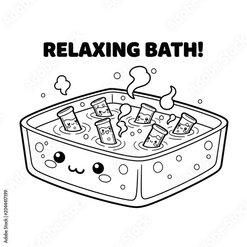 Cute water bath mascot with relaxing test tubes, science laboratory equipment cartoon outline illustration for kids coloring book.