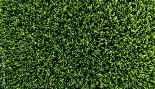 Overhead view of a vibrant green field of crops, lush and dense