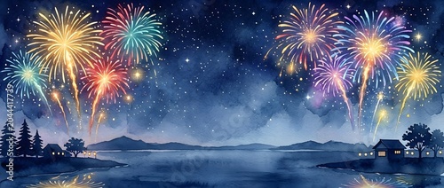 モダンな夏の夜空 水彩画 暗い星空に美しく炸裂するカラフルな花火と川沿いのシルエット背景素材