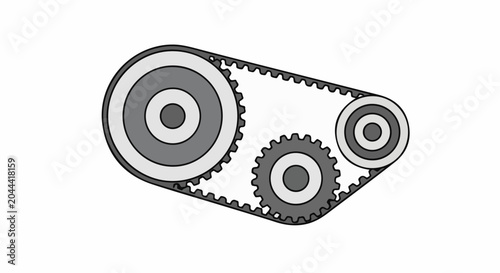 A mechanical timing belt connects three gears of varying sizes in a synchronous system