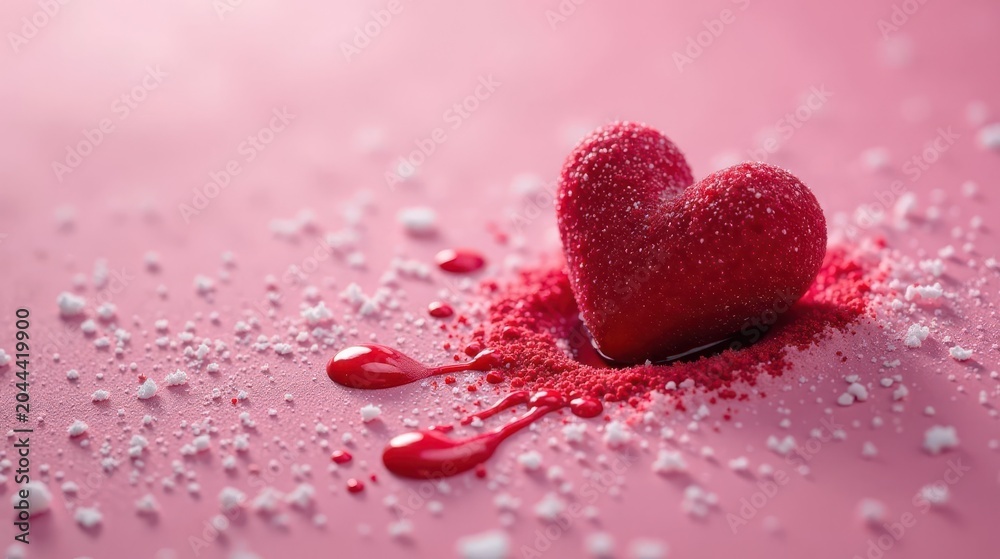 Obraz premium A crimson heart-shaped confection rests gently on a bed of pink powder, its sugary surface glistening, a vibrant red glaze trailing delicately across the scene.