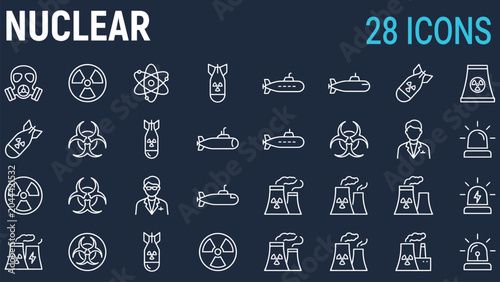 Set of white line depicting nuclear energy symbols radiation warning signs atomic bombs submarines power plants gas masks scientists and hazard alerts on a dark blue background