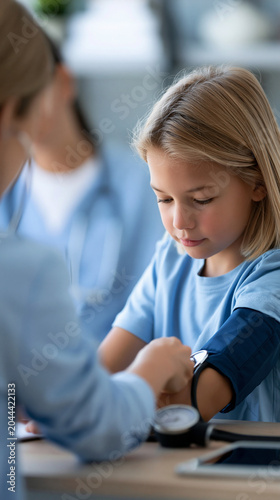 Faceless medical assistant taking child's blood pressure during routine health screening, blood pressure measurement, vital signs, health screening, pediatric care, with copy space