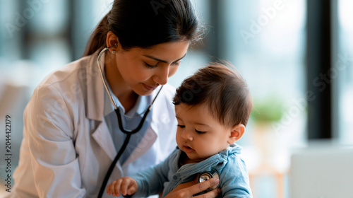 Faceless Indian female doctor in white coat gently examines baby with stethoscope in bright modern clinic setting, stethoscope use, infant examination, modern clinic, cultural