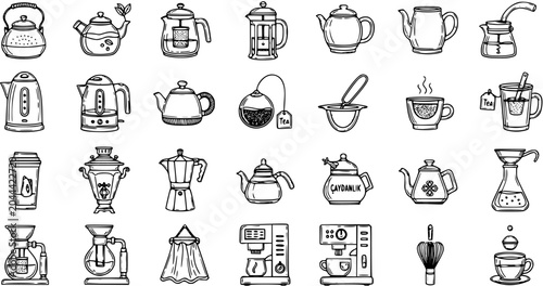 Photos Black and White Line Art Icons of Tea and Coffee Utensils and Appliances