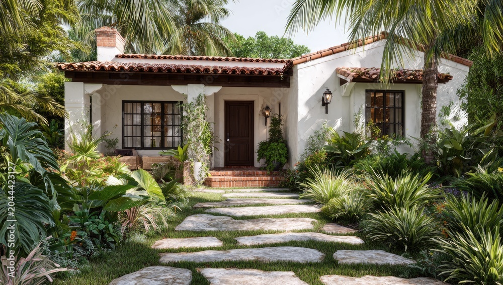 Fototapeta premium Lush tropical foliage surrounds a charming, sun-drenched white stucco home