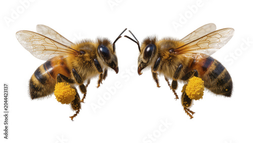 Billede på lærred Two honey bees with pollen baskets full of yellow pollen