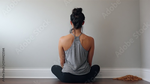 Woman with hair in bun sits cross-legged facing blank wall