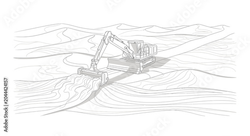 Excavator digging in desert landscape, construction and earthmoving concept, line art illustration