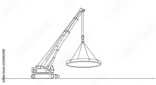 Canvastavla Construction crane lifting large circular object, outline sketch, industrial equipment, heavy machinery