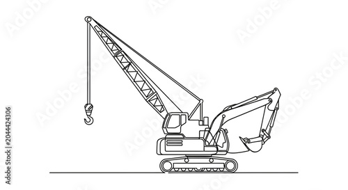 Fotografie Construction crane and excavator line art, heavy machinery, industrial equipment