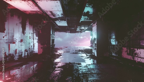 Abandoned tunnel, sky framed, rusted and wet