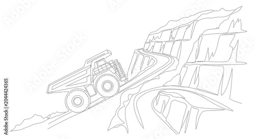 Tableau sur toile Mining Truck Ascends Steep Mountain Road, Heavy Machinery on Rocky Terrain