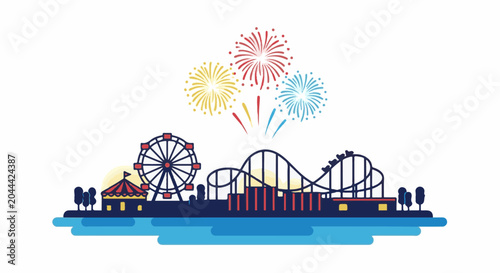 Colorful amusement park scene with fireworks above rides