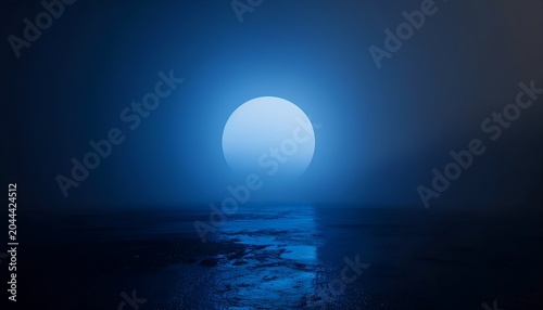 Glowing orb in blue mist reflecting on water