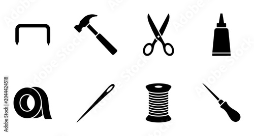 Quadro su tela Crafting Tools Set PNG Stapler Hammer Scissors Glue Tape Needle Spool Awl, trans