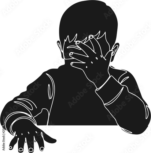 Photos Boy covering face with hand gesture.