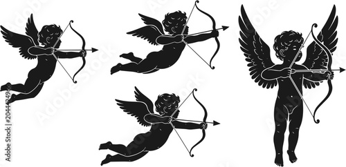 Quadro su tela Black silhouettes of cupids with bows.