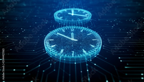 Digital clocks overlayed with circuit board lines